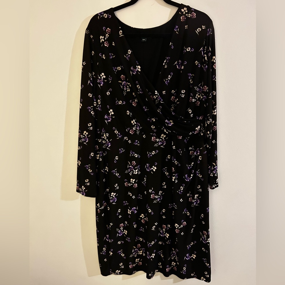 Lauren Ralph Lauren Purple Floral Black Long Sleeve Jersey Knot Dress size 16W